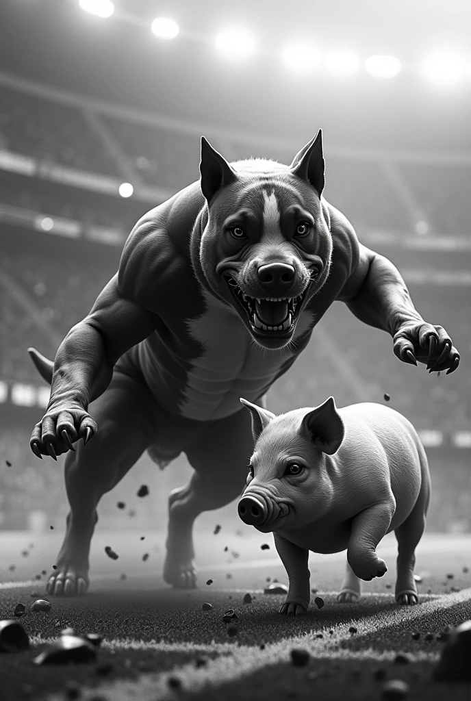 Create an image of a very angry black and white pitbull attacking a pig inside a football stadium.