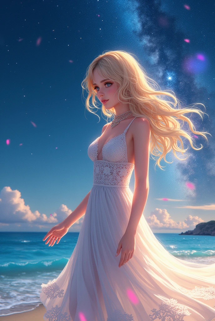 (masterpiece、Highest quality、8k、High resolution)、(The best beautiful girl)、Best Style、(The most beautiful face、Beautiful Skin、Clean blue eyes、Beautiful Lips、Beautiful Nose)、Blonde、Ample breasts、White lace dress、Walking on the beach、look back、Ocean、You can see the forest、A bright night with the stars clearly visible、Beautiful starry sky、milky way、(体whole bodyから神秘的な光の粒子、Colorful light)、(jewelry、necklace)、(whole body)、Highly detailed anime art、A complete portrayal、