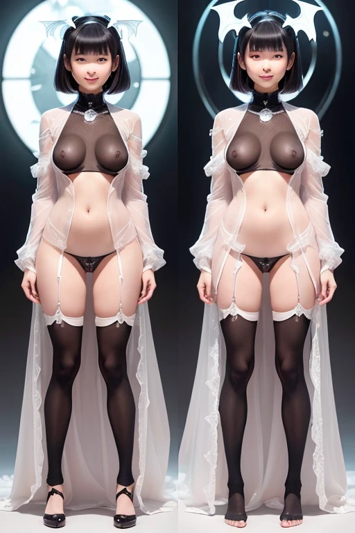 A young 15- yr old native Japanese girl with lovely charming face,( pale skin texture masterpiece),(tomboyish haircut look),(smiling with exposed teeths showing)(perfect full body detailed anatomy), (Super accessories detailed), (meditating ), (perfect detailed bright sparkling eyes),( short illuminating onyx gemstone crystalized hair), ((expose big hard erect nipples))(( exposed panty ))((legs wide open showing pussy line))(( Wearing transparent illuminating costume of a vampire)), holding a treasure drinking glass or heart gemstone artifact (( illuminating different lights covering the sorrounding atmosphere)) on its back wearing beautiful large hat with bats wings detailed design, The character solemnly praying, 7 different perspective view of that same girl & face profile sheet character style