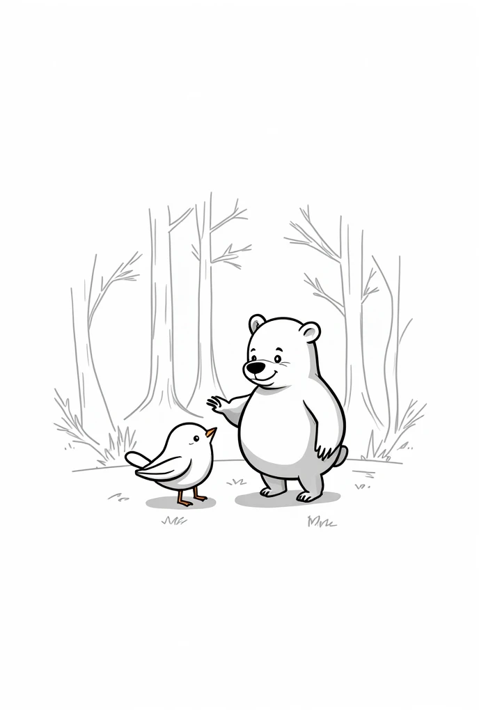 coloring book of a bear talking to a bird in the forest, no color, cartoon style, thick lines, strokes only, white background