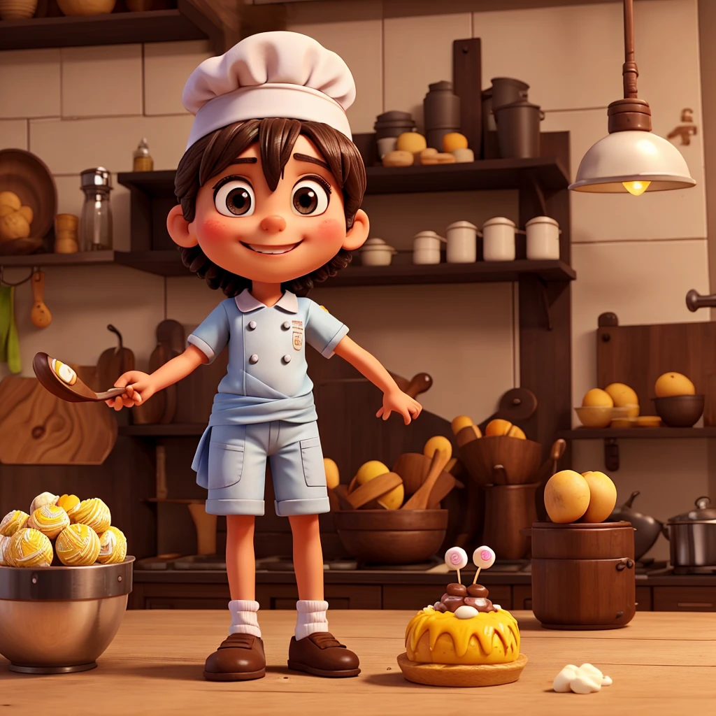Sweet brigadeiro with arms and legs, a charming smile and expressive eyes, Wearing a chef's hat.