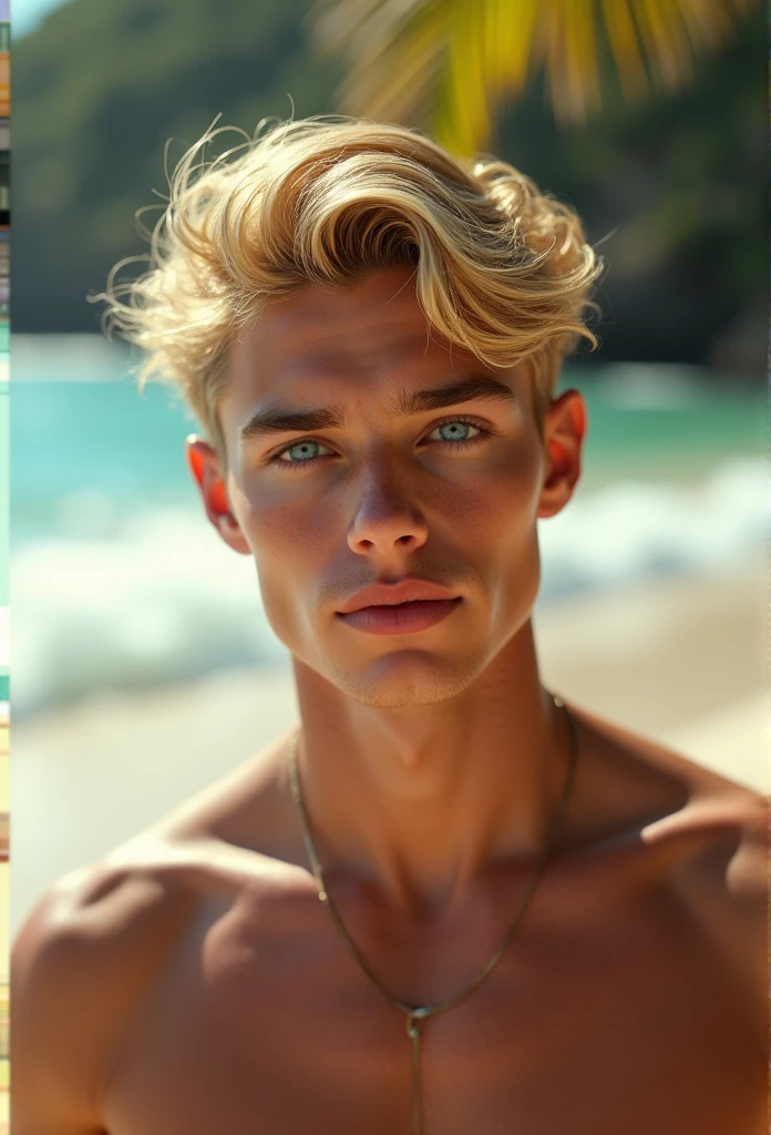 a handsome blond boy, beautiful detailed eyes, beautiful detailed lips, extremely detailed face and features, long eyelashes, chiseled jaw, muscular physique, bare-chested, in a tropical beach setting, glowing golden skin, ocean waves crashing in the background, warm sunlight, cinematic lighting, photorealistic, 8k, hyper detailed, masterpiece, art by artgerm and greg rutkowski