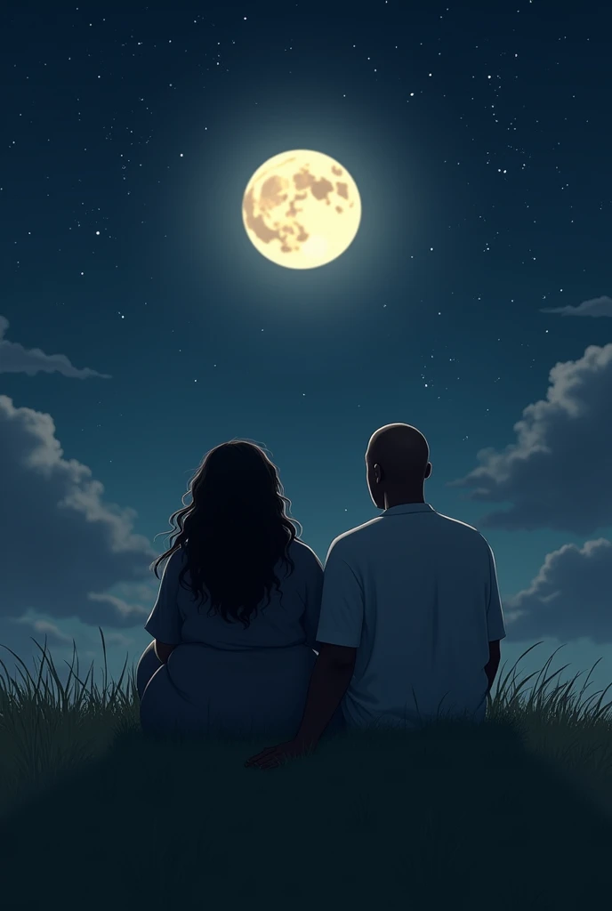 Long haired chubby woman and Nigerian bald man sitting on the grass looking at the sky full moon and stars