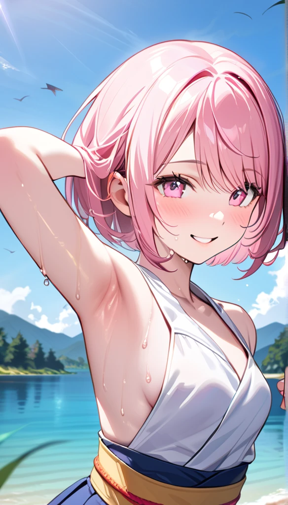 (1 person),(Best image quality, 8k, masterpiece:1.3), (high school student:1.5), ((Pink lob hair:1.1)), (Bobcut),(Swept-apart bangs), (Cute eyes, Iris Sky Blue, like々funny Face), (Standard weight), (Small breasts), (Glowing Skin:1.3),(Pale skin:1.2),(Sweaty skin:1.2),(smile),YunaX, Removable sleeves, kimono, sash, Hakama skirt, break ((Show me your armpits)),(Crystal Tree), (flying debris), (Highest quality), Very detailed, ((1 person)), Focus Only，dynamic，((smile))，Perfect Face, 美funny Face, Very detailedな顔，(Pink long hair_Pink Eyes:1.3)，Swimwear，Idle only，Gorgeous hair ornament,smile，lake，smile,alone, 1 personの, blush, 