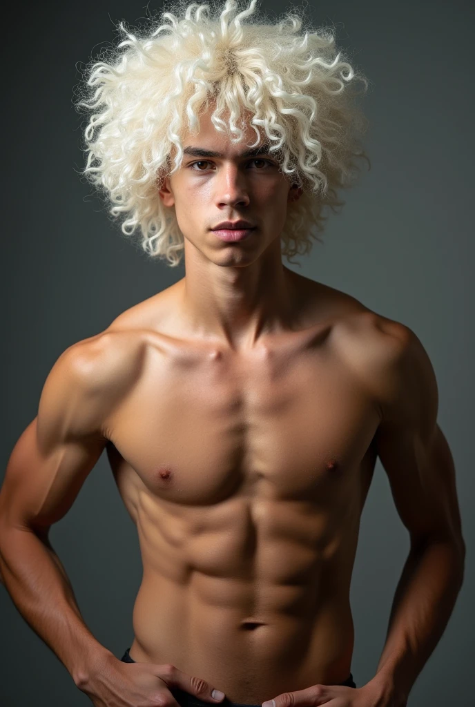 A  Brazilian with strong white curly hair without a shirt and without underwear and without shorts 