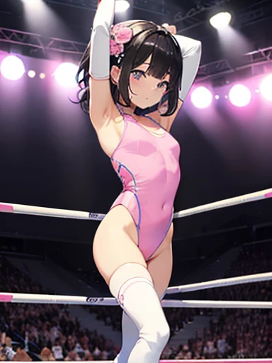 Highest quality、Very delicate and beautiful、I、I、Idol、、Japanese、On top of that、Chiquita、Black short hair、((White and pink leotard))、、Standing in the wrestling ring、Wrestling boots,discovery,Professional wrestling matches