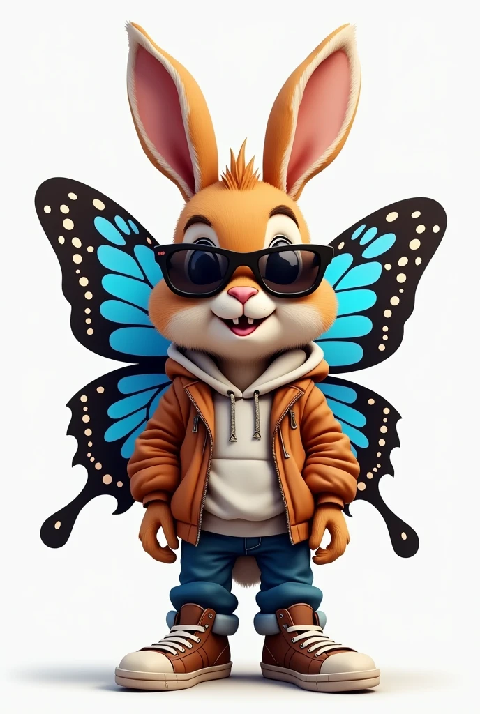 Create a simple logo of "brown Rabbit with stylish blue and black dorsal butterfly wings, wearing hoodie, trouser, sunglasses and shoes"
