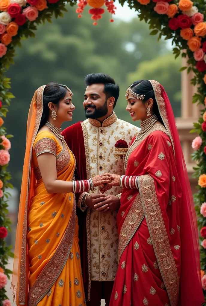 Two beautiful Indian wives marrying a handsome Indian guy wedding images