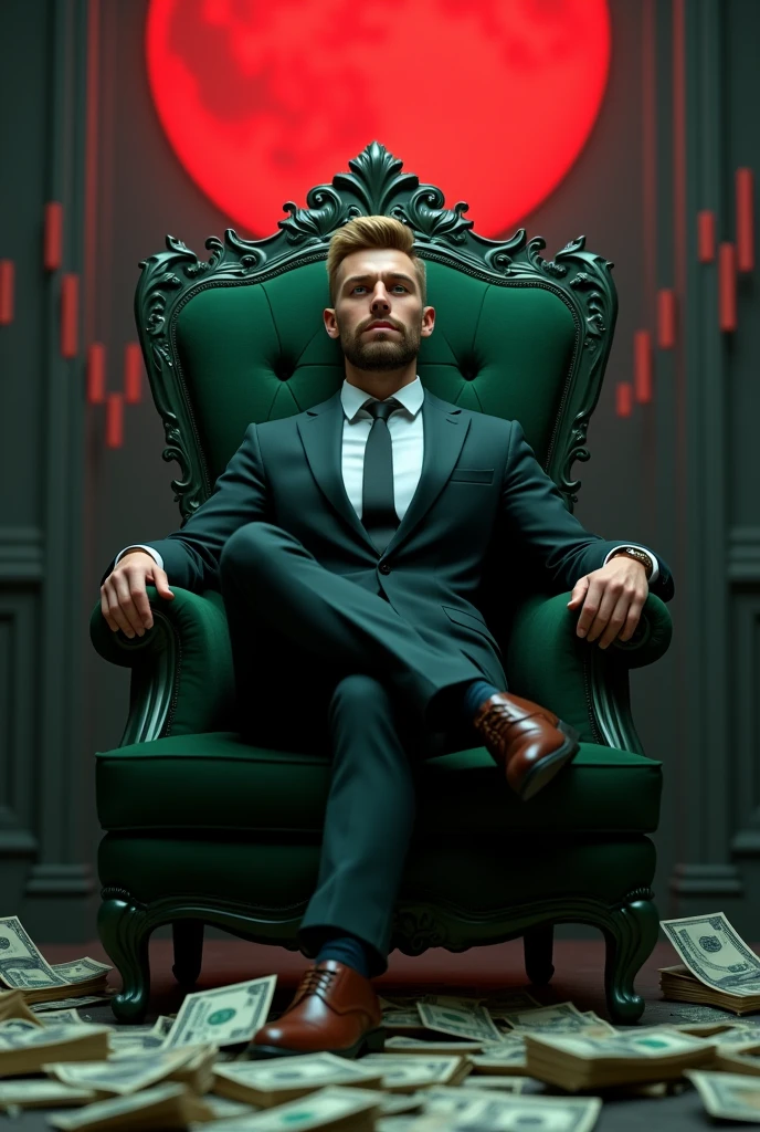 high détail, Clarity, 10 kkk, Dark green throne graphics with details, young investor with short beard, Suit, straight gradient hair, shorth hair, greeneyes, with red moon behind, stock market charts, 真实感, 4K, a lot of money on the floor