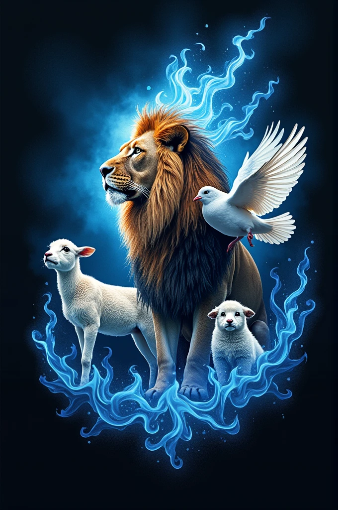 Create a black and sky blue t-shirt with an image of a lion, a dove, a lamb and flames of fire around the image women's t-shirt