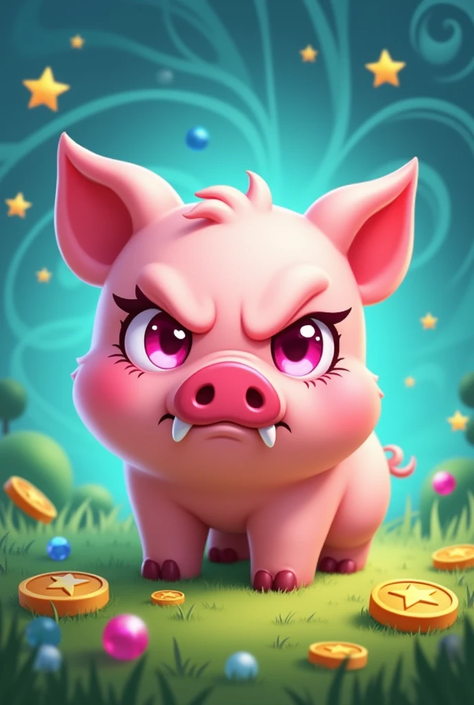 Pig looks small, pastel pink color, large eyes, shiny and strong pink in the eyes, eyelashes, blushing, an angry expression with 2 small fangs, gold coins and gems, In the background put a green background with blue and stars, Make the design like the Brawl Stars characters, 2d, Brawl tsras