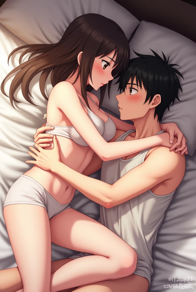 Anime girl having hot sex in bed with a man.
