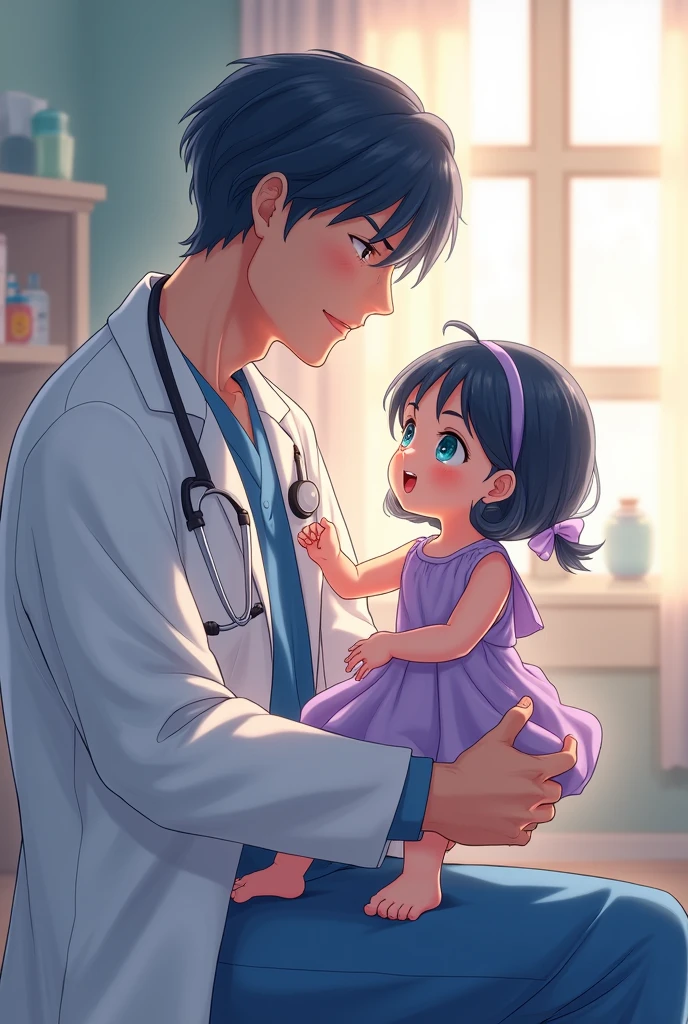 A light-skinned man, Dark Blue Hair, turquoise blue eyes, wearing a doctor's outfit. Holding a 3 year old, de Dark Blue Hair e turquoise blue eyes, wearing a lilac dress, anime styling