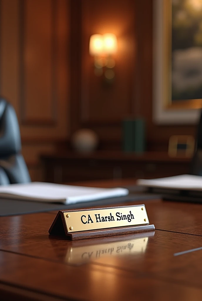 Beautiful office,  CA Harsh Singh written on nameplate in one single line with prefix CA on office table  in formal font