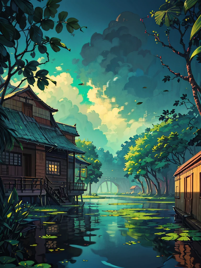 (masterpiece:1), (wide view:1.7),(beautiful backwaters of Kerala:1.8), (ripples:1.3), (daytime:1.6), (lily leaves:1.65), silence, (cocount trees:1.5), (reflection:1.5), (houseboat:1.7), (bright light:1.5), magnificent sky, (volumetric light:1.2), peaceful, (tropical:1.4), (aesthetically pleasing:1.5),(bright light:1.3), (calmness:1.3), (ambient light:1.5), (scenery:1.4), (beautiful aesthetics:1.2), (landscape:1.5), (nature:1.4) beautiful tones, subtle colors, peaceful, (illustration: 1.0), epic composition, realistic lighting, (no human:1.6), HD details, masterpiece, best quality, ,