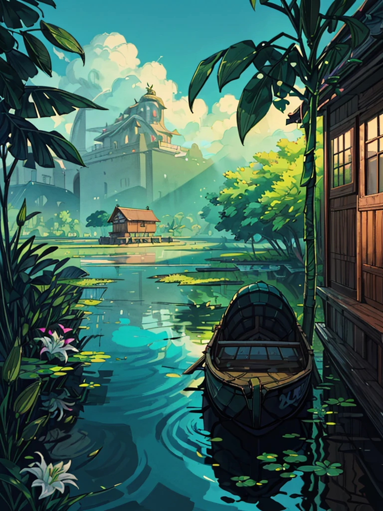(masterpiece:1), (wide view:1.7),(beautiful backwaters of Kerala:1.8), (ripples:1.3), (daytime:1.6), (lily leaves:1.65), silence, (cocount trees:1.5), (reflection:1.5), (houseboat:1.7), (bright light:1.5), magnificent sky, (volumetric light:1.2), peaceful, (tropical:1.4), (aesthetically pleasing:1.5),(bright light:1.3), (calmness:1.3), (ambient light:1.5), (scenery:1.4), (beautiful aesthetics:1.2), (landscape:1.5), (nature:1.4) beautiful tones, subtle colors, peaceful, (illustration: 1.0), epic composition, realistic lighting, (no human:1.6), HD details, masterpiece, best quality, ,