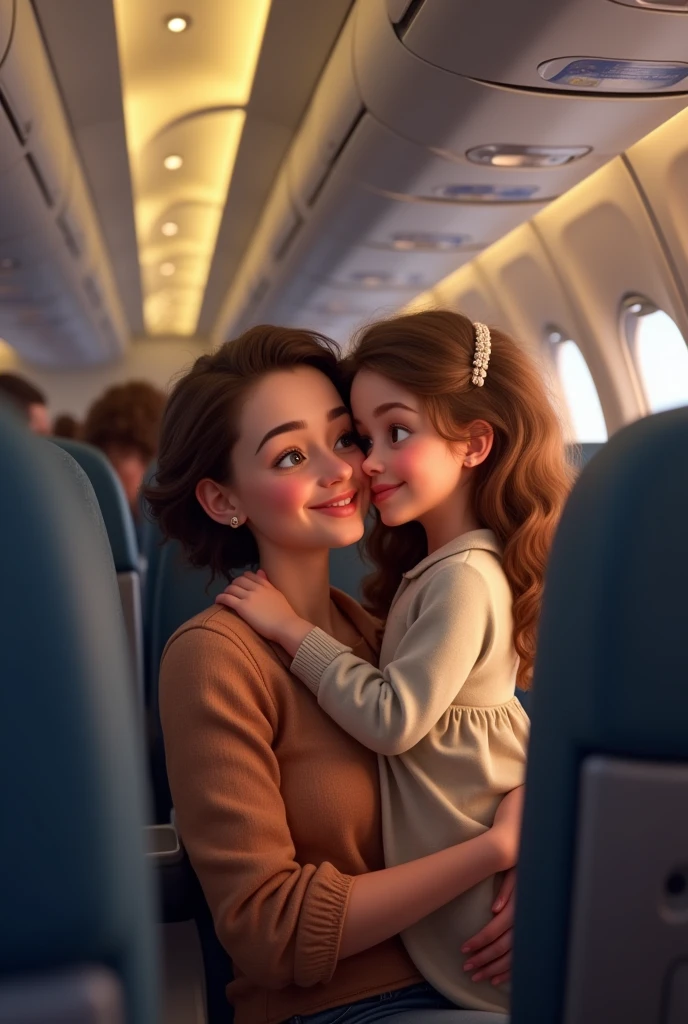 Create an image of a mother taking a photo with her child daughter, making them look alike, beautiful and realistic on an airplane