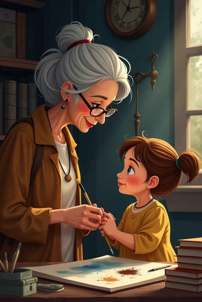 A grandmother showing a paintbrush to her granddaughter in the attic