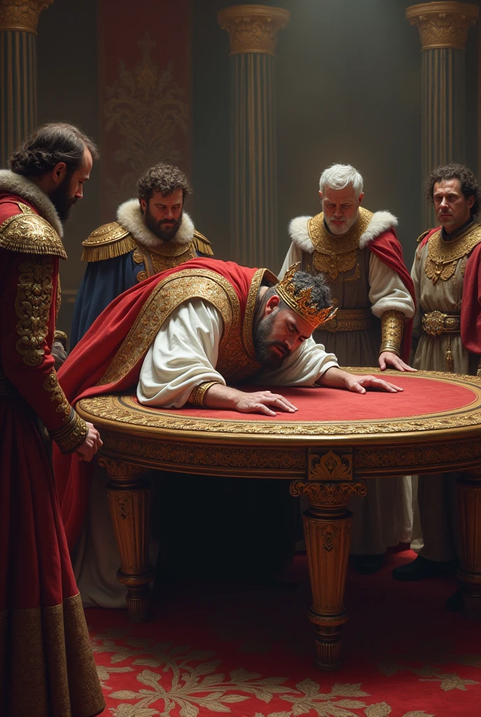 King fainting on the corner of a round table with some generals and dukes around 