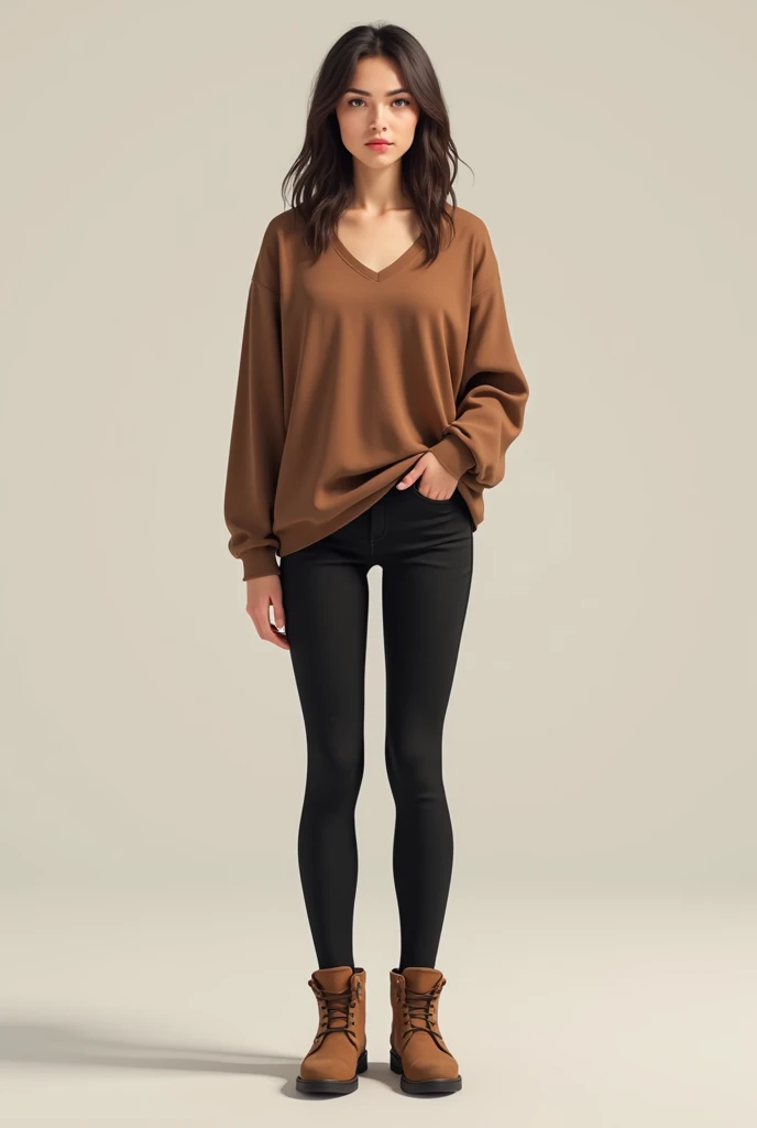 Brown v neck top, black
pant and brown boots wearing a girl