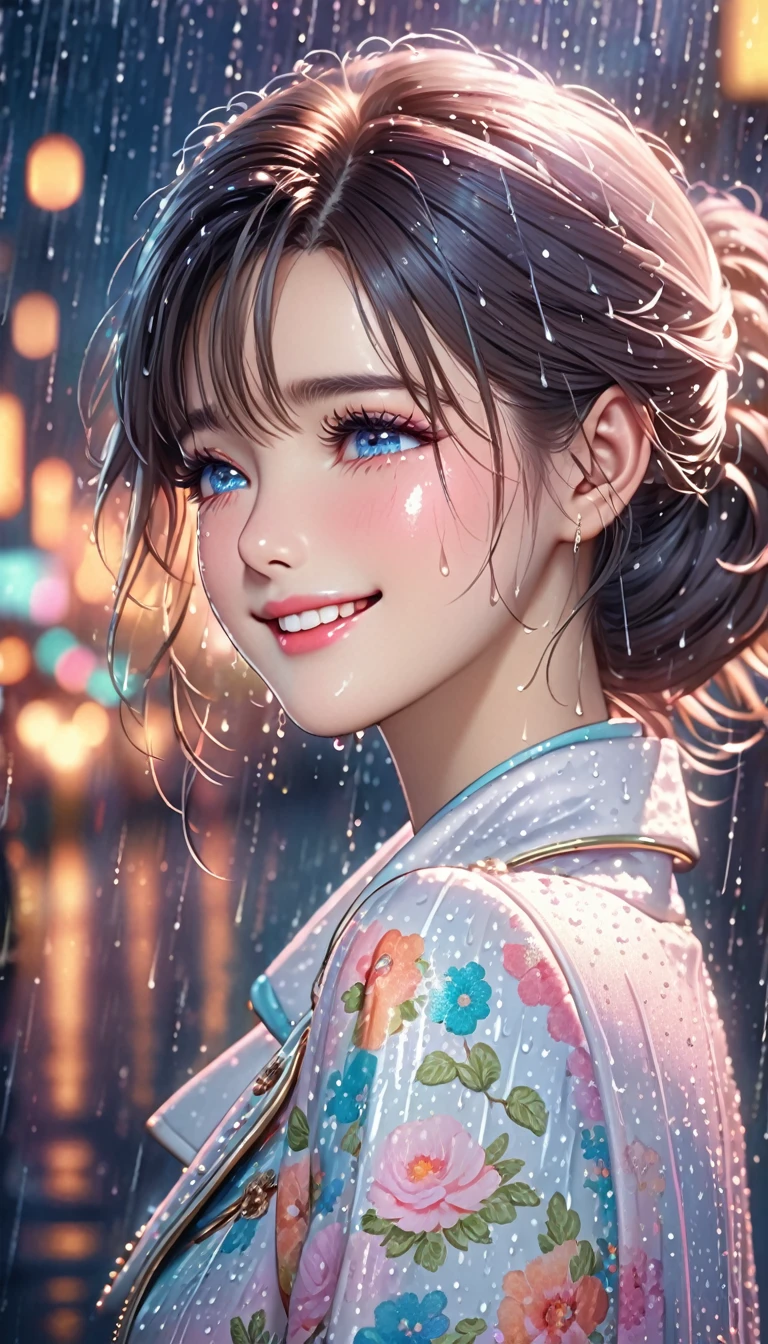 best quality, highres, ultra-detailed, realistic:1.37, vibrant colors, portrait, soft lighting, long eyelashes, sparkling eyes, glossy lips, detailed skin, retro pattern, pastel colors, ((smile while crying1.2)), ((shedding tears:1.8)),, sad look, dreamy atmosphere, elegant pose, nostalgic vibes, glittering highlights, flawless complexion, 80s style fashion, retro hairdo, pink blush, delicate features, diamond-like eyes,((rain squall:2.5)),((Dark city silhouette background:2.0))