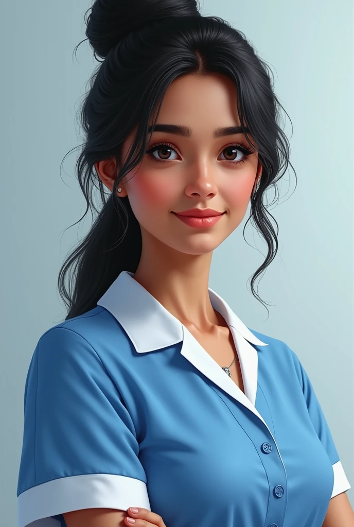 Indian with black hair and collected nurse in blue uniform