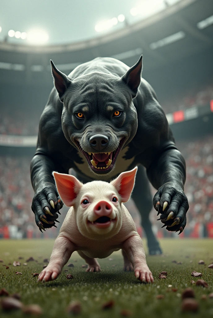 Create an image of a pitbull with its black and white fur very angry attacking a pig inside a football stadium.