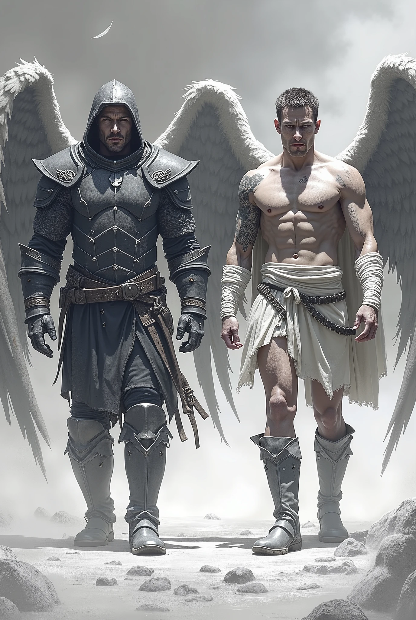a muscular man in black armor with bandages, facing the viewer, with manly features, scars and wounds, smooth skin, sharp focus, illustration, guts (berserk), dark angel wings, cinematic lighting, dramatic pose, hyper detailed, oil painting, photorealistic, chiaroscuro, muted colors, moody atmosphere
