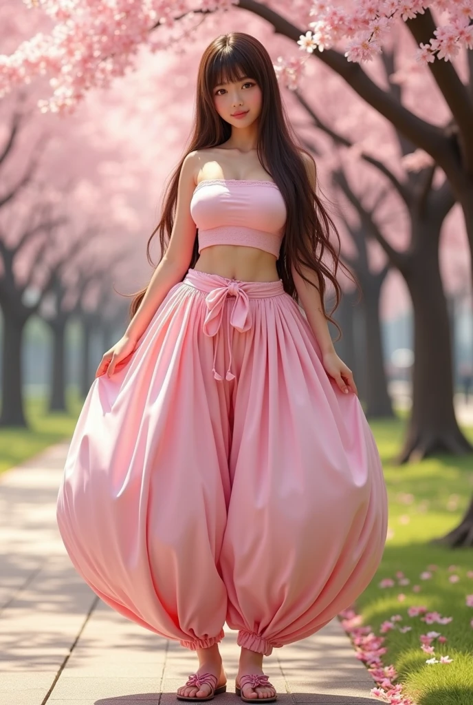 ((Photo of Pretty Japanese girl with super colossal breast)), Japanese high school girl, 1girl, solo, fullbody, brown eyes, brown long hair, hime cut, blunt bangs, gigantic cleavage breasts, J-cup breasts, (Very_large_breasts:1.5), standing in a pathway lined with cherry blossom trees, wearing an Arabian outfit consisting of only humongous inflatable full length satin princess_Jasmine-style harem pants with her belly button exposed, pink school flats and a simple satin strapless crop top. The pants and top are light pink and the pants are extremely puffy and completely round and completely spherical, (Best quality:1.3).