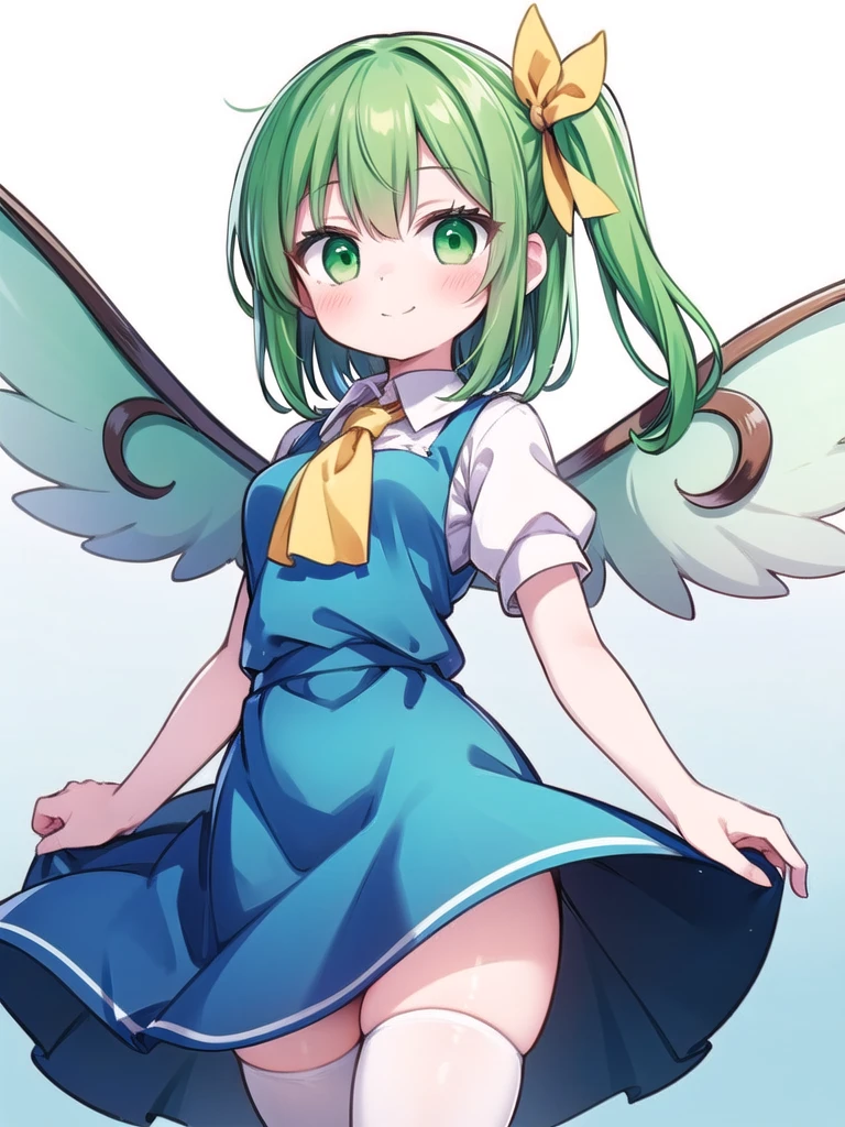 1girl, masterpiece, best quality, perfect hands, blush, smile, closed mouth, daiyousei, green hair, side ponytail, green eyes, bow, yellow ribbon, hair ribbon, ascot, blue dress, wings, white shirt, collared shirt, puffy short sleeves, white thighhighs, medium hair