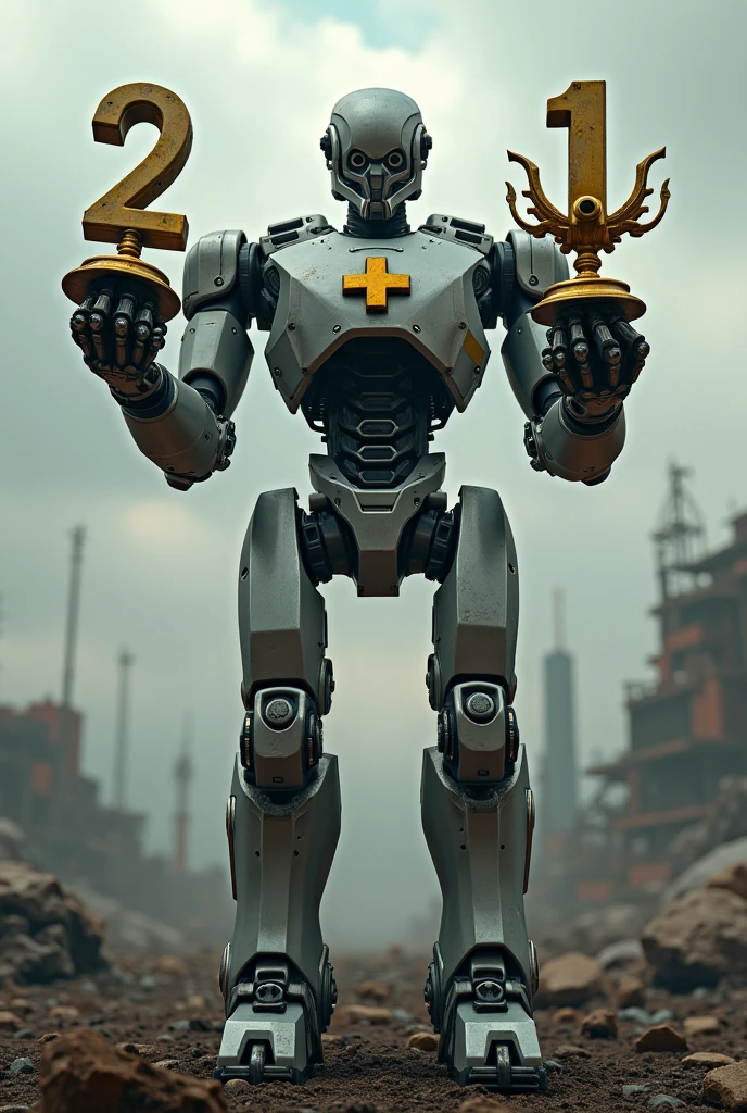 terminator robot, holding a trophy shaped like the number two, a trophy shaped like a plus sign and a trophy shaped like the number one, the background is apocalyptic futuristic , on the robot's chest there is a plus sign