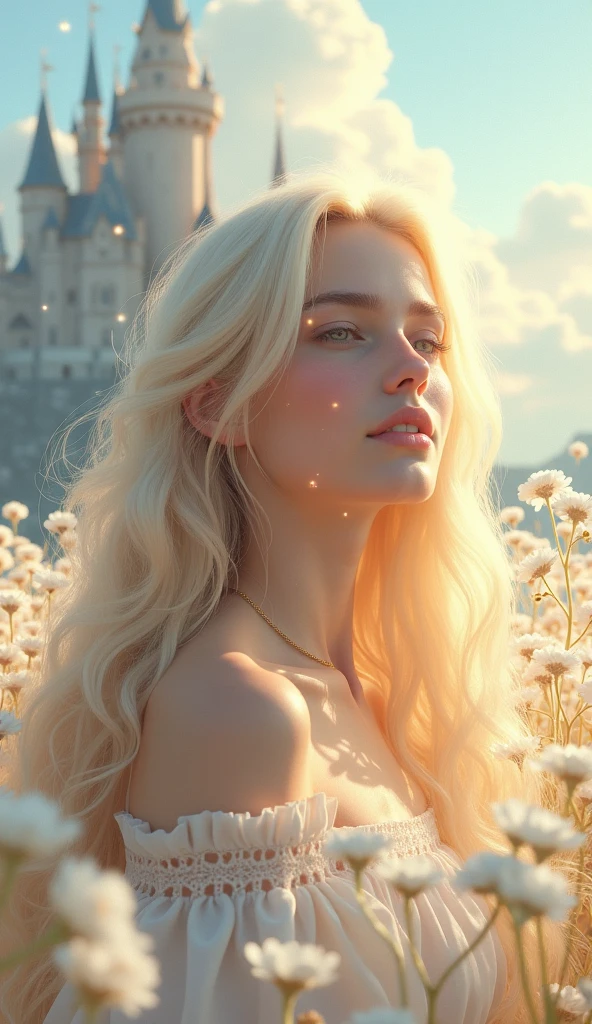 The image portrays a dreamy, fairy-tale scene featuring a young woman with long, flowing blonde hair, who appears to be lost in a peaceful moment with her eyes closed. She is surrounded by soft, fluffy white flowers, and her delicate, light-filled surroundings create an ethereal atmosphere. Her skin glows in the sunlight, with sparkles of light enhancing the magical quality of the scene. In the background, a majestic castle rises against a pale blue sky filled with soft clouds, adding a touch of fantasy to the overall composition. The entire image exudes a sense of tranquility, beauty, and enchantment.