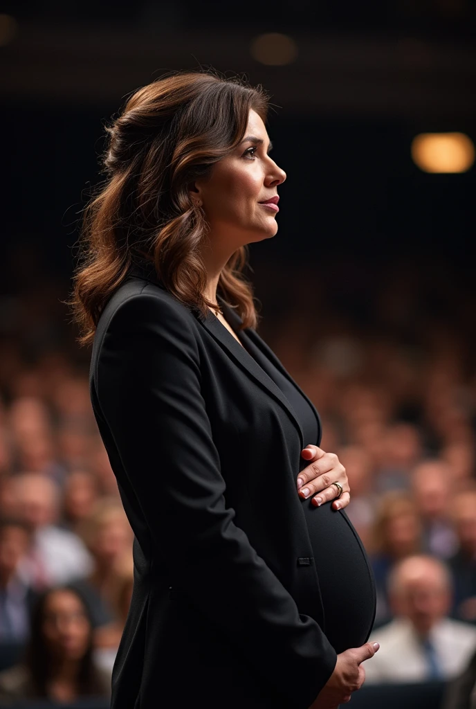  Caucasian female, medium wavy brown hair updo, pregnant, lecturing to thousands of people about business law on stage with a microphone in hand