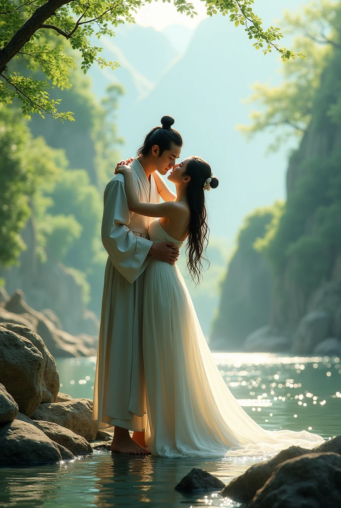(ancient china, Spring morning with soft sunlight, At the foot of the mountain there is a stream., A man and a woman wearing Hanfu embraced each other, completely naked, and stood kissing by the stream.