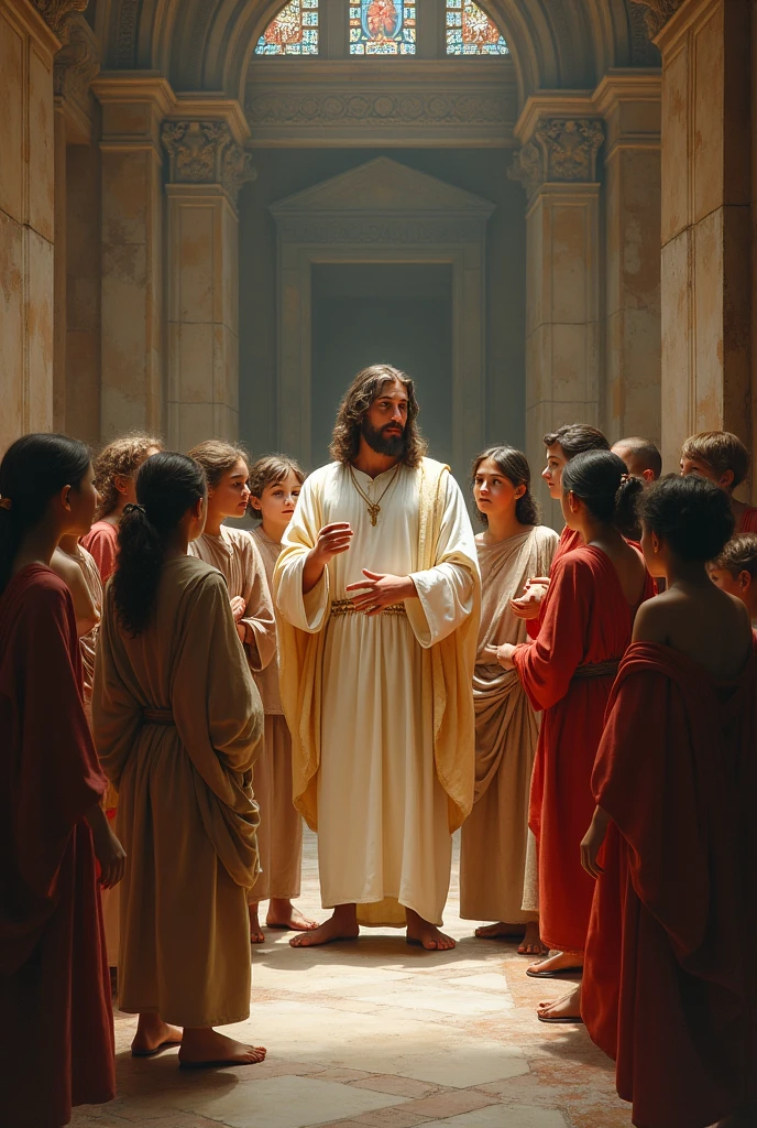 young people and children with Jesus in the temple