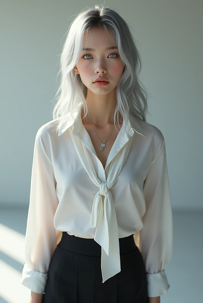 realistic photoshoot , pretty girl, one girl, attractive whitish light blue eyes, ager, silver hair, Koko jormungand, business clothing, skirt, realistic photograph