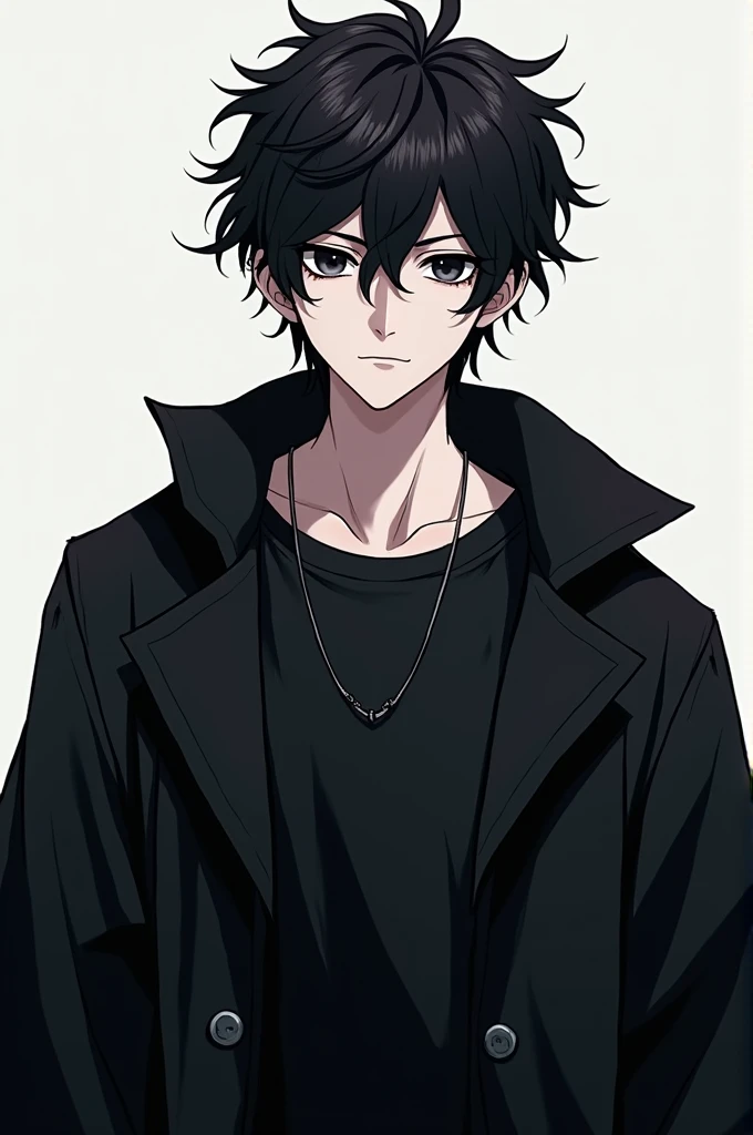 A man in anime style , with white skin , messy black fur , obsidian eyes , of 18 years ,black jacket with black t-shirt