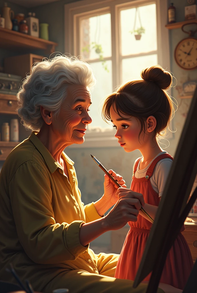 A grandmother showing a paintbrush to her age granddaughter in the attic