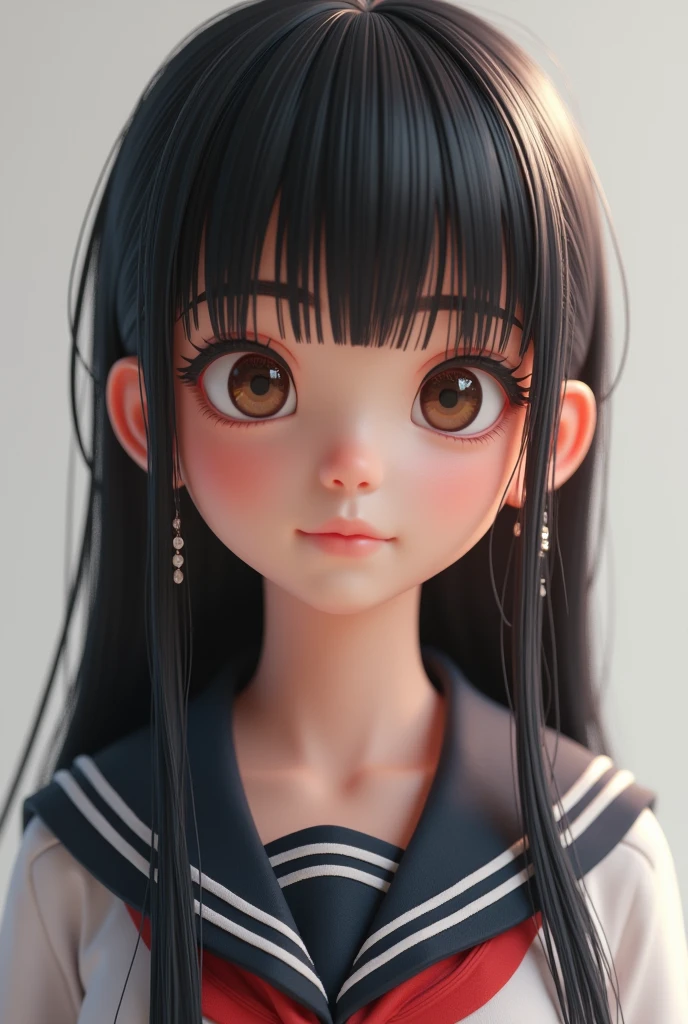 black haired girl , Brown eyes, earrings,student outfit,3d render
 