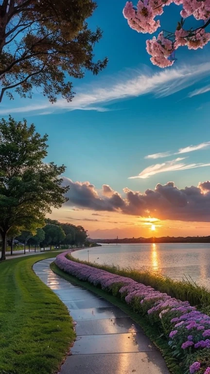 a path lined with purple flowers next to a body of water, Violet and yellow sunset, Purple sunset, at Purple sunset, Beautiful sunset, Beautiful sunset glow, colorful sunset, Beautiful purple sky, beautiful and spectacular sunset, really beautiful nature, with beautiful colors, colorful sunset!!, warm and beautiful scene, stunning sunset, warm spring sunset, Beautiful sunset lighting, beautiful nature