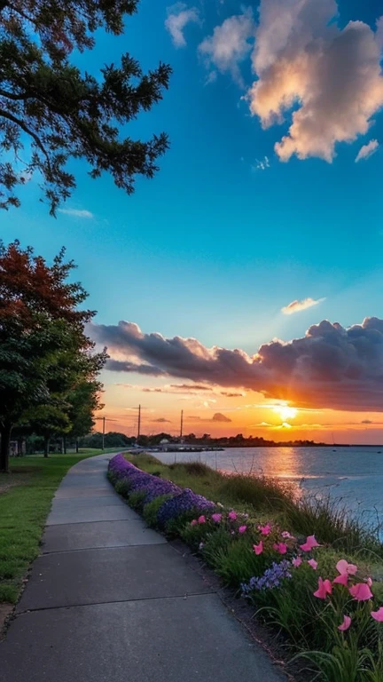 a path lined with purple flowers next to a body of water, Violet and yellow sunset, Purple sunset, at Purple sunset, Beautiful sunset, Beautiful sunset glow, colorful sunset, Beautiful purple sky, beautiful and spectacular sunset, really beautiful nature, with beautiful colors, colorful sunset!!, warm and beautiful scene, stunning sunset, warm spring sunset, Beautiful sunset lighting, beautiful nature