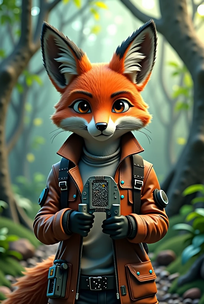 A YouTube channel cover with a forest background, highlighting a male 3d fox with leather jacket, futuristic equipped with construction tools with a serious and intelligent appearance, square and compass in hand