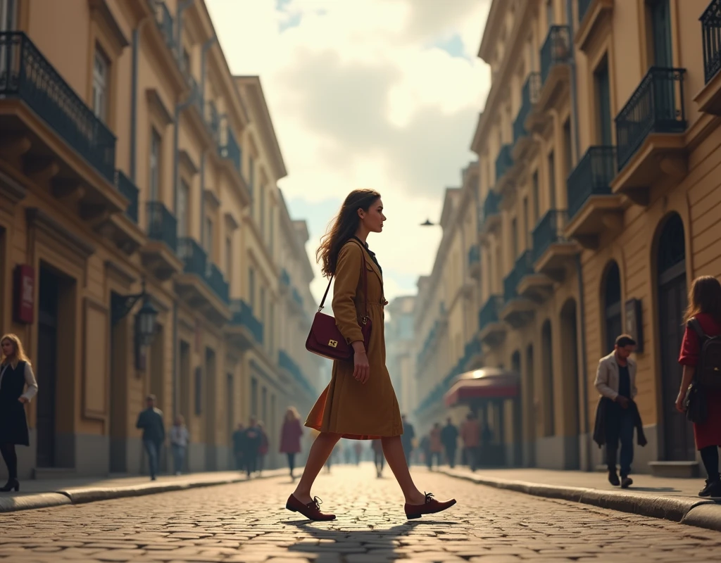 A left side profile view of a full body woman, walking down a street, carrying a bag in left hand, photorealistic, masterpiece, 8k, ultra-detailed, realistic lighting, vibrant colors, urban environment, detailed architecture, cobblestone street, overcast sky, warm lighting
