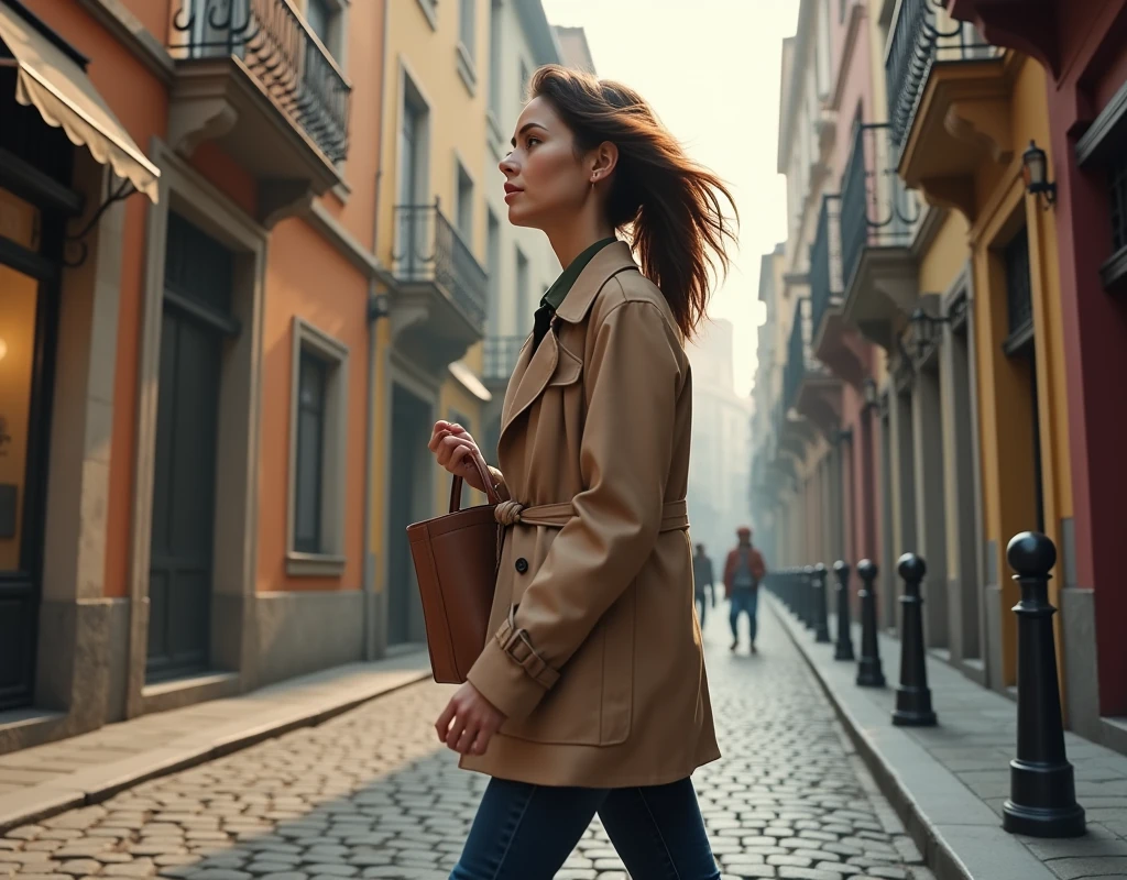 A left side profile view of a full body woman, walking down a street, carrying a bag in left hand, photorealistic, masterpiece, 8k, ultra-detailed, realistic lighting, vibrant colors, urban environment, detailed architecture, cobblestone street, overcast sky, warm lighting