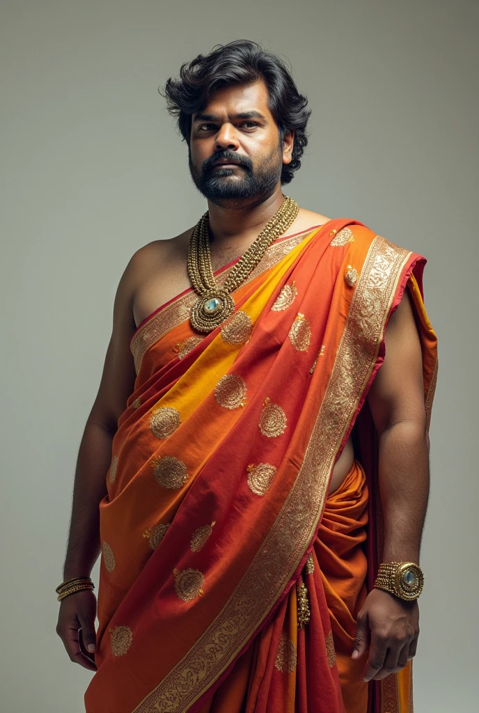 A man with small beard wear a saree and braa with tightly full body showing her big boobs