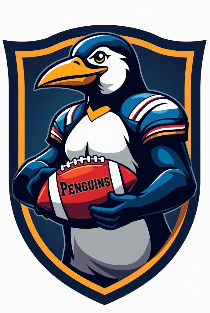 A shield of a penguin in a flag football uniform and holding an American football that says “Penguins”