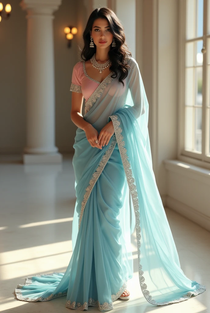 A lady wearing saaree jiska blouse pink ho or saree transperent ho light blue color ki or uspe light stone work ho orr uske hair black or little curled hone chaiye or uske gale mein mangal sutra or maang me sindur or light makeup or light jewellry orr heels or uska blouse jyada deep na ho