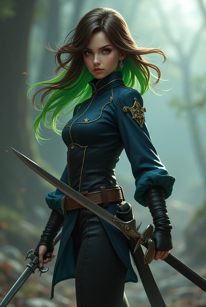 A brown-haired girl with green streaks dressed in the Demon Slayer uniform