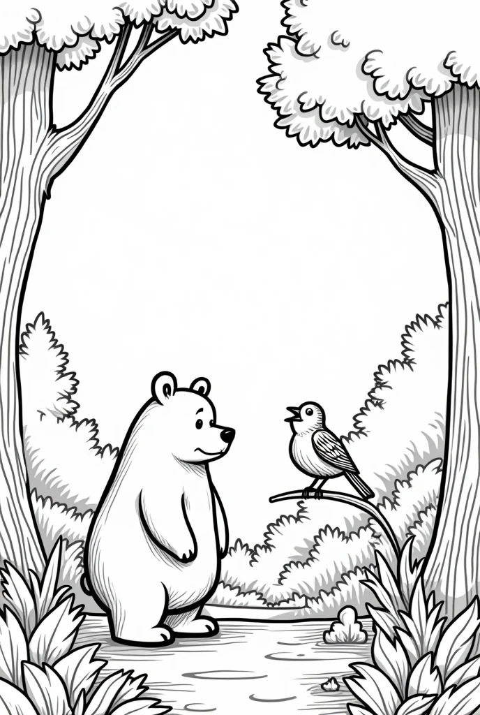 coloring book of a single bear talking to a bird in a huge forest, no color, cartoon style, thick lines, strokes only, white background