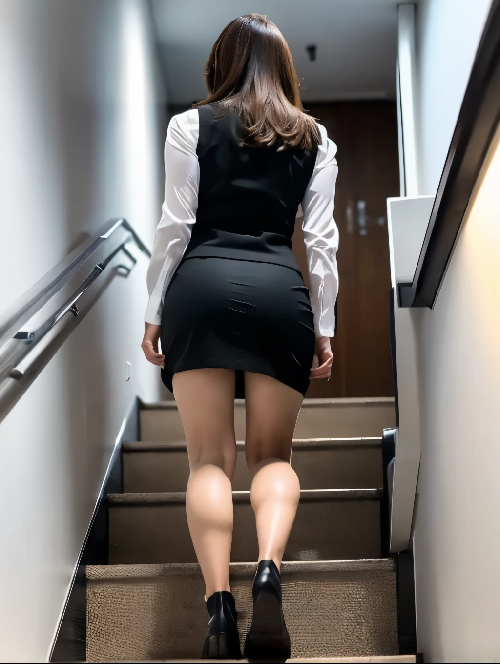 run-6500-v1.1, (RAW Photos:1.7), (Browsing Caution:1.3), (Realistic), (Genuine:1.7), (Highest quality,8k,masterpiece), ((Realistic:1.4, RAW Photos, Ultra-high resolution,High-quality images)),Realistic, 非常に詳細な CG Unity 8k 壁紙, Written boundary depth, Cinematic Light, Lens flare, Ray Tracing, Realistic background、Browsing Caution, walk, (Shoulder-length straight hair、Brown Hair), (White formal shirt, black business vest, Black mini skirt), (White underwear:1.0), (Office stairs, White wall stairs, Black floor stairs), Cowboy Shot, Buckshot, Rear View、(Taken from the ground, From below:1.2), Turn around to look at your audience